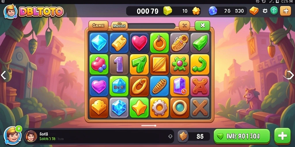 Screenshot DBLTOTO menunjukkan pemasangan item dalam gameplay Match-3 yang seru.