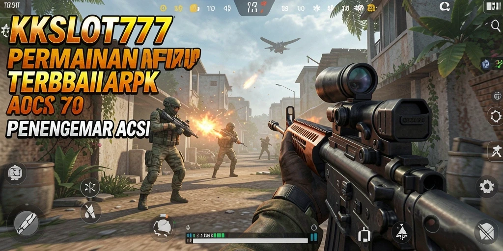 Screenshot KKSLOT777 menunjukkan aksi tembak-menembak yang intens dalam gameplay FPS.