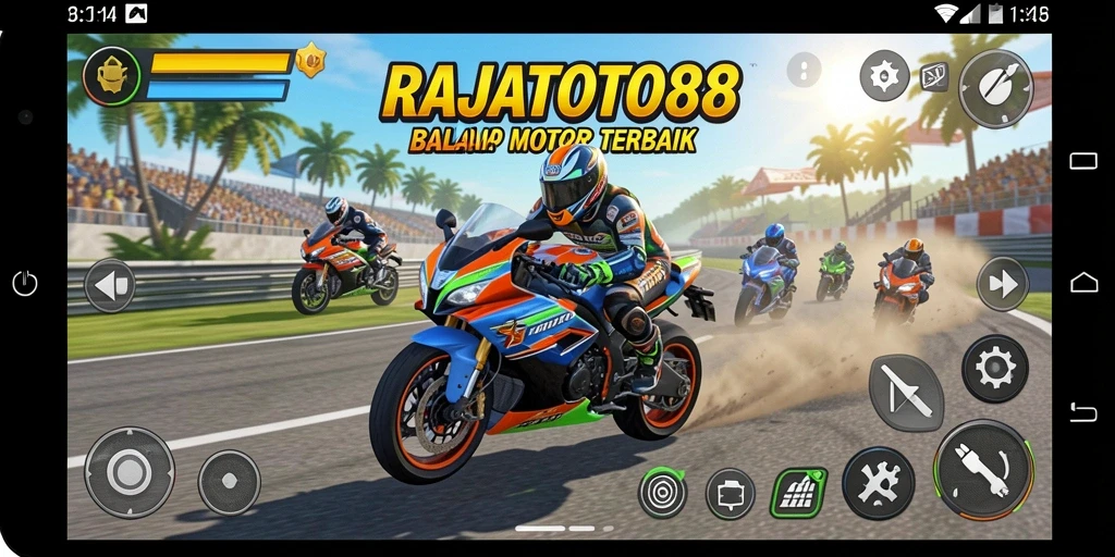 Tampilan screenshot gameplay <strong>RAJATOTO88</strong> yang menampilkan balapan motor yang seru dan mendebarkan.