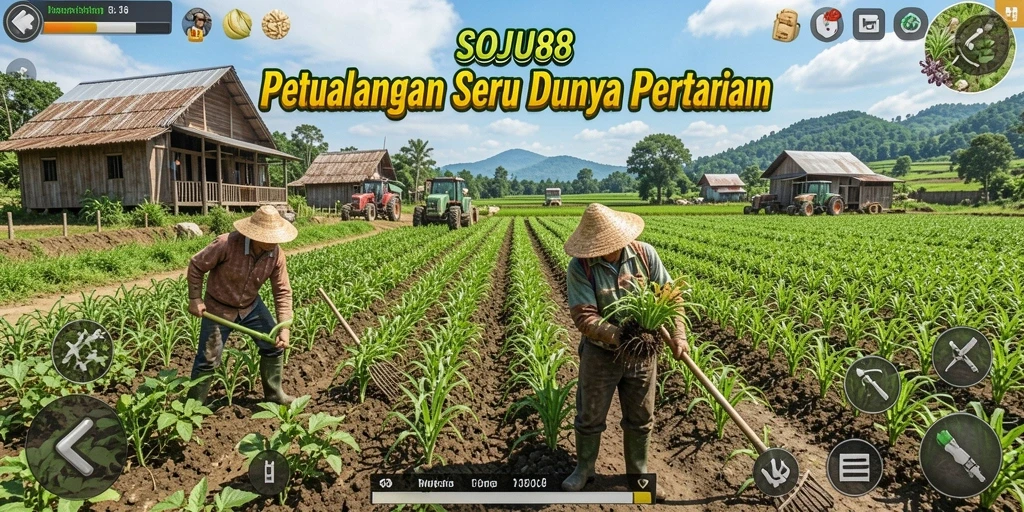 Screenshot gameplay SOJU88 yang menunjukkan aktivitas bertani yang seru.