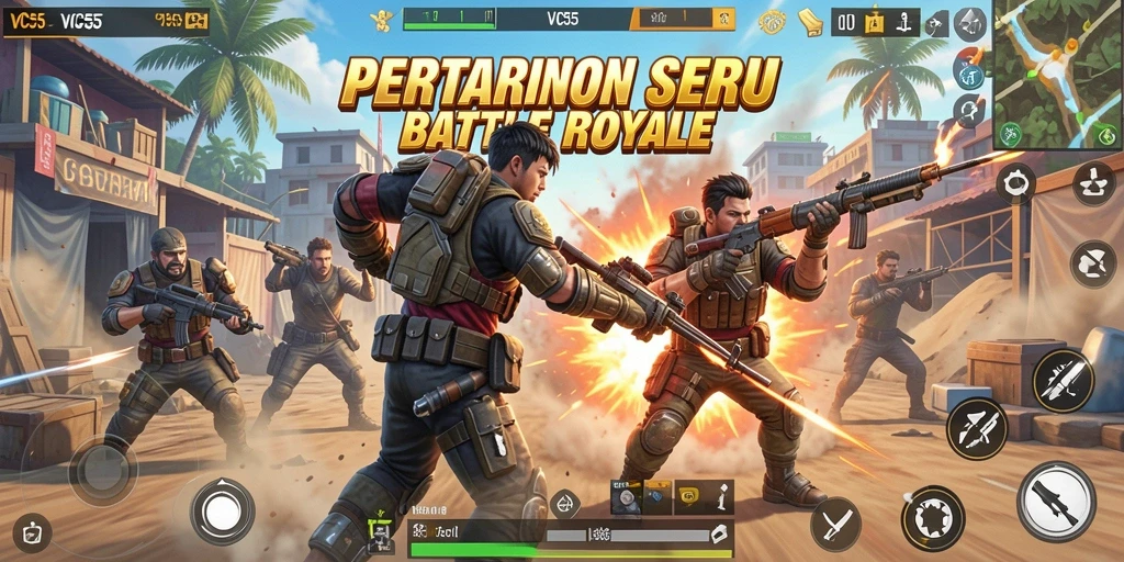 Screenshot utama VC55 menampilkan aksi pertarungan intens di arena Battle Royale.